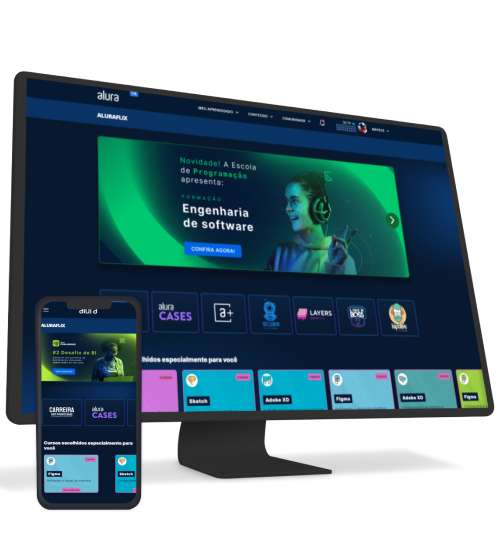 Plataforma da Alura, em um celular e um monitor